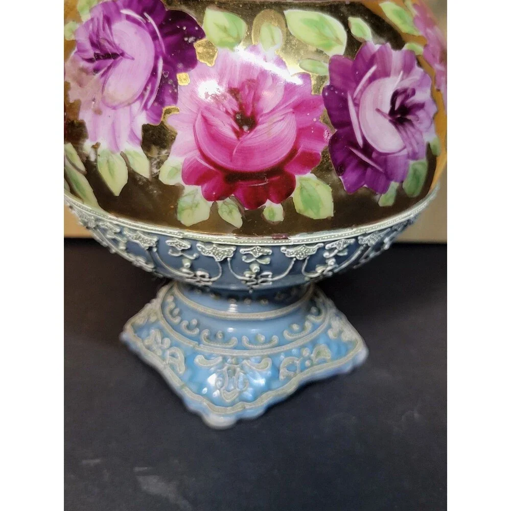 Antique Nippon Moriage Early Hand Painted Twisted Handle Floral Vase